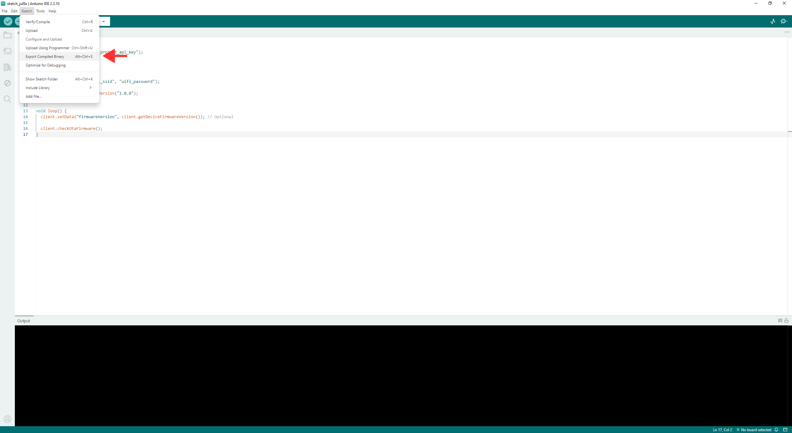 Arduino IDE Export Compiled Binary menu